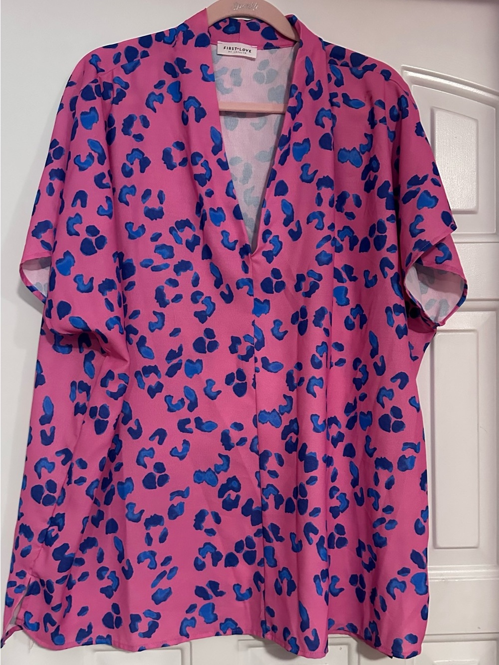 First Love Bright Pink V-Neck Tunic with Blue Leopard Print